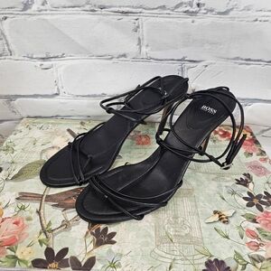 Hugo Boss Strappy Black Leather Heeled Sandals